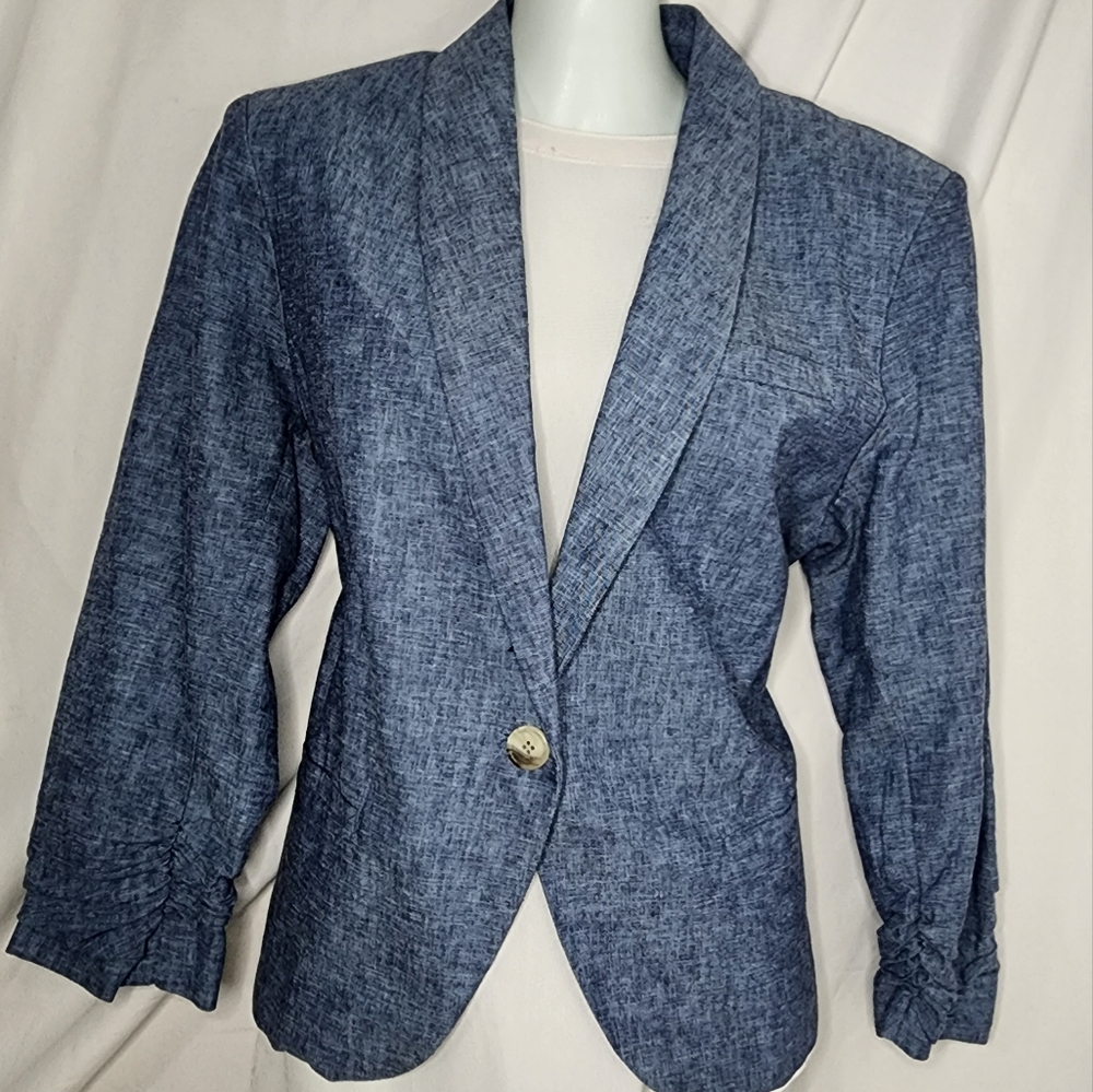 Gibson Chambray Linen Casual Blazer with Floral Lining Size XL